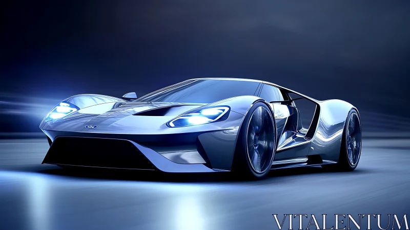 Silver hypercar racing through neon-lit midnight highway.