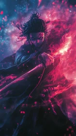 Sword-wielding warrior charges through neon fire and smoke