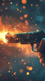 Firearm with muzzle flash and particle dispersion.