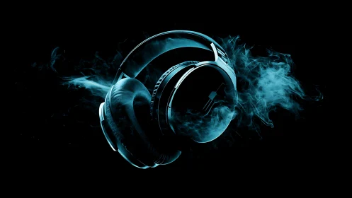 Spectral over‑ear headphones with cyan vapor diffusion.