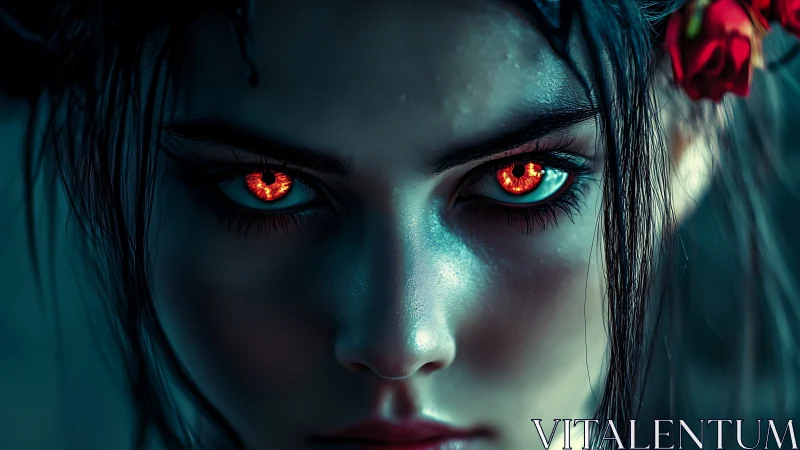 Fiery-eyed sorceress stares through cool cinematic shadows.