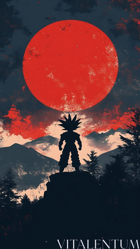 Silhouetted warrior beneath colossal red sun over peaks.