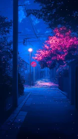 Neon twilight alley framed by glowing cherry blossoms.