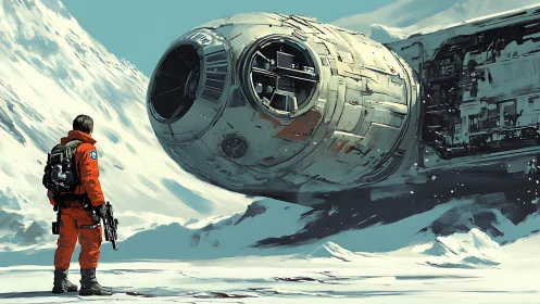 Arctic crash surveyor with derelict cylindrical starship hull.