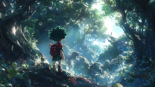 Child with red backpack stands in dense sunlit forest