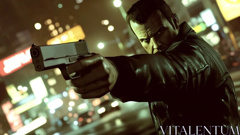 Tense gunman aims pistol in neon lit urban night scene.