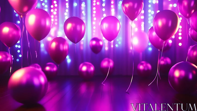 Neon Spherical Installation: Luminous Metallic Balloons Against LED Backdrop.