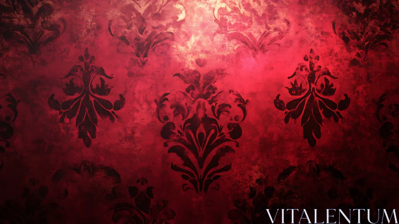 Red textured damask wallpaper with dark ornamental motifs.