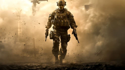 Armored soldier strides through battlefield smoke and dust