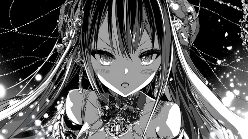 High-contrast manga portrait renders ornate jeweled warrior gaze