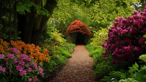 Garden pathway with flowering rhododendrons and Japanese maple trees.
