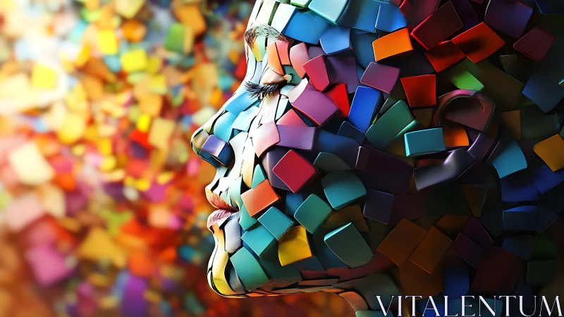 Mosaic tessellated human profile in high-saturation pseudo-3D relief.