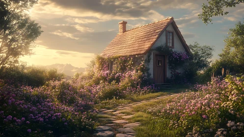 Sunlit cottage stands amid dense blooming garden at dusk