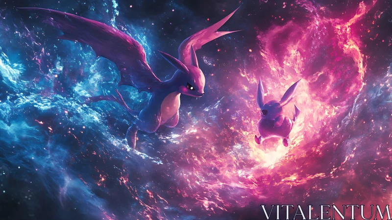 Cosmic dragon and rabbit duel amid neon nebula flames.