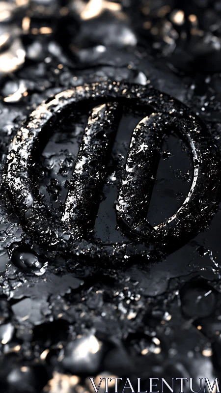 Metallic circular emblem submerged in fragmented glossy debris