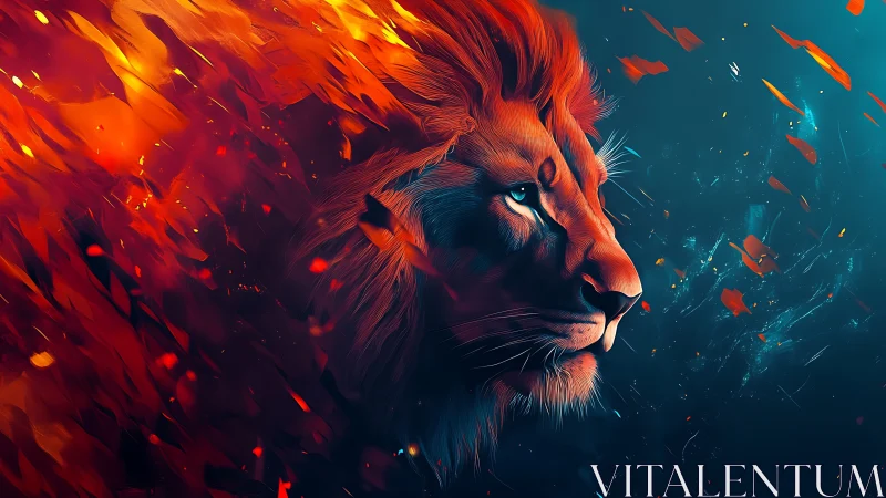 Digital painting of a lion head with fiery particle dispersion.
