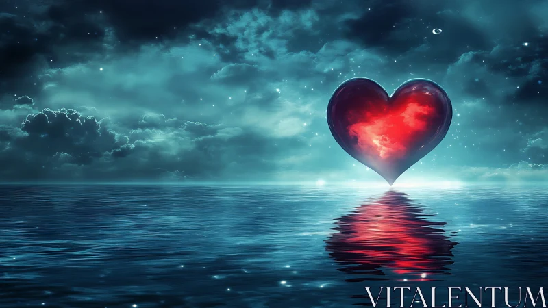 Luminescent Heart Form Suspended Above Reflective Water Surface