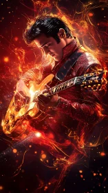 Flaming electric guitarist rendered in high-contrast digital fire