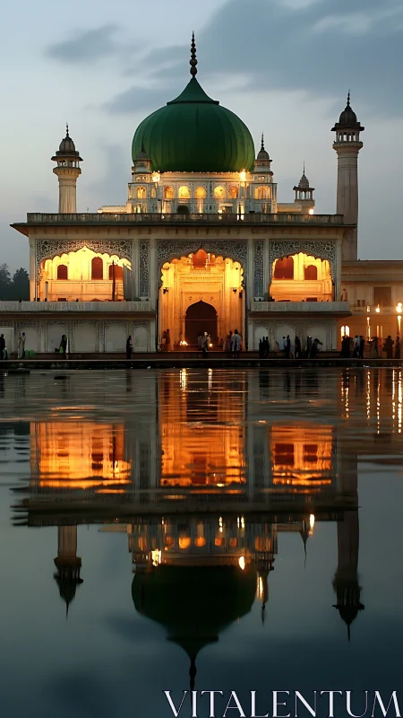 Illuminated mosque dome and arches reflecting on still water.