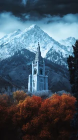 Spired mountain chapel pierces stormy sky and ember forest.