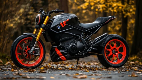 Autumn forest roars around sleek black BMW street beast.