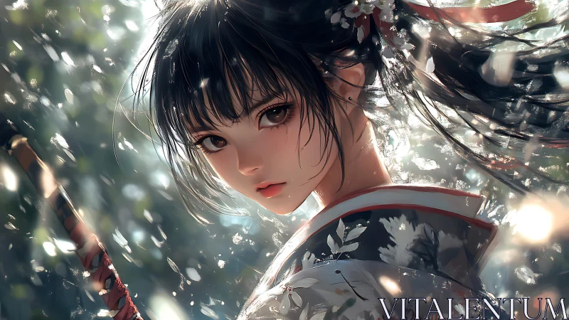 Samurai girl amid drifting petals in luminous forest light.