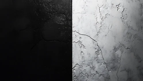Split black and white textured wall suggests stark duality.