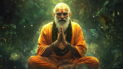 Digital painting of meditative sage in luminous jungle aura.