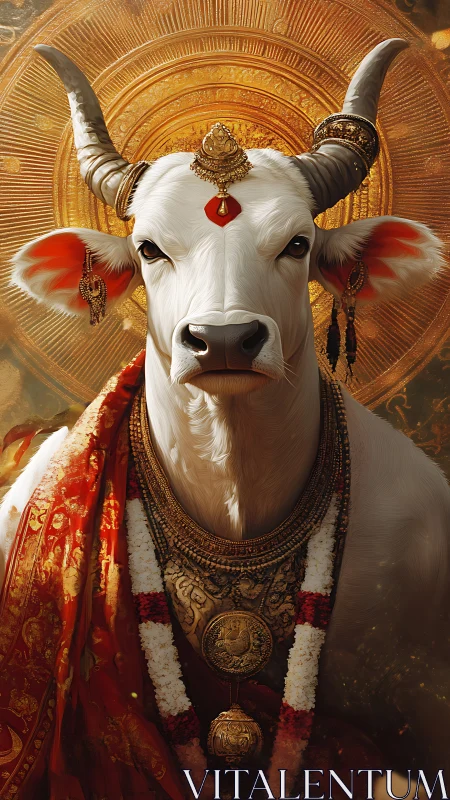 Regal sacred cow enthroned in molten sunlit splendor.