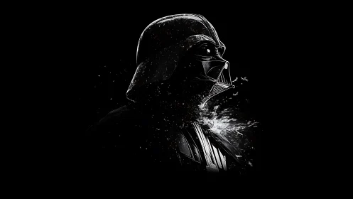 Dark sci fi helmet portrait on splintered black field.