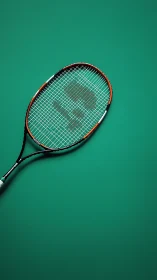 Tennis racket resting on bold green court backdrop.