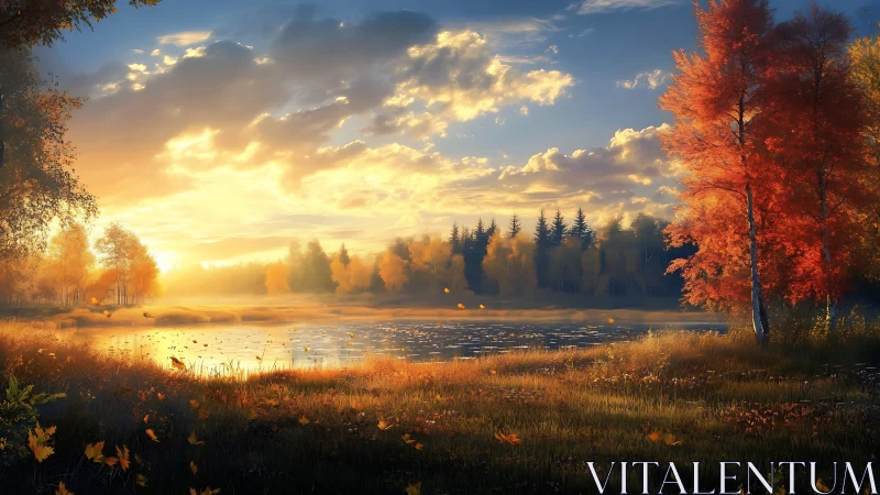 Autumn lake landscape under bright golden sunset light.