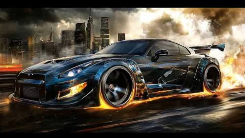 Cyberpunk racing supercar in flame-trail urban nightscape.