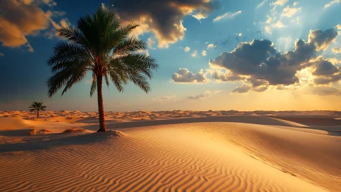 Lone palm over sunlit desert dunes under glowing sky.