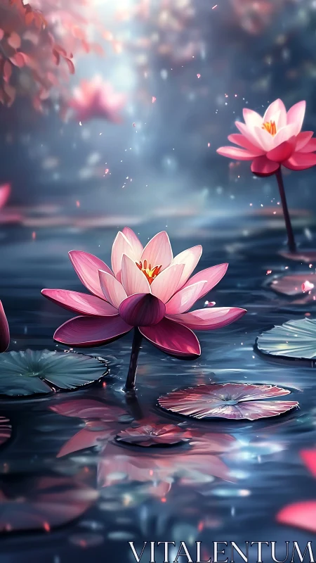 Pink lotus blooms glow over tranquil twilight water.