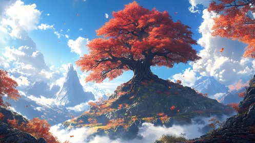 Solitary red-crowned tree on rocky summit above clouds.