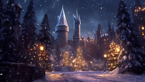 Winter castle courtyard under snowfall with festive lighting.