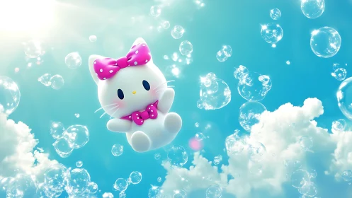 Sky-lit 3D cat mascot floats among refractive soap bubbles