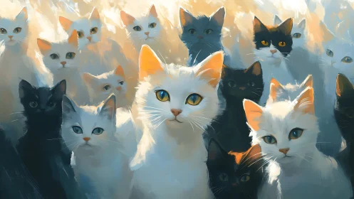 Gathered Cats in Warm Backlighting: Multiple Feline Subjects