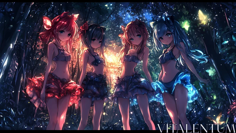 Four luminous anime girls stand in an enchanted twilight forest.