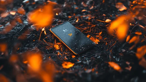 Lost smartphone resting in a glowing bed of autumn leaves.