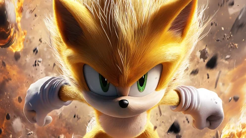 Golden hedgehog hero charges through explosive debris field.