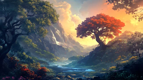 Sunlit valley landscape contrasts cool forest and fiery tree