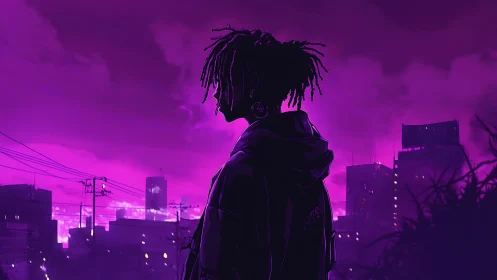 Neon city dreamer pausing under a deep violet twilight.