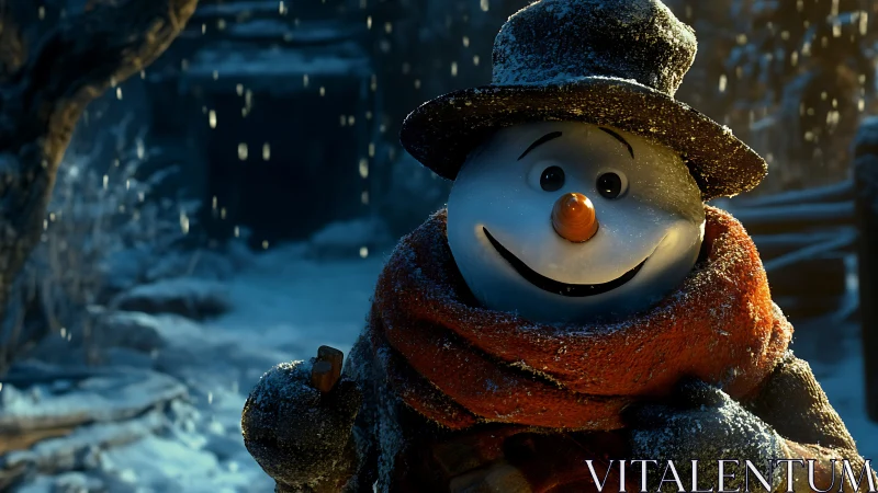 Smiling winter snowman wrapped in a cozy red scarf.