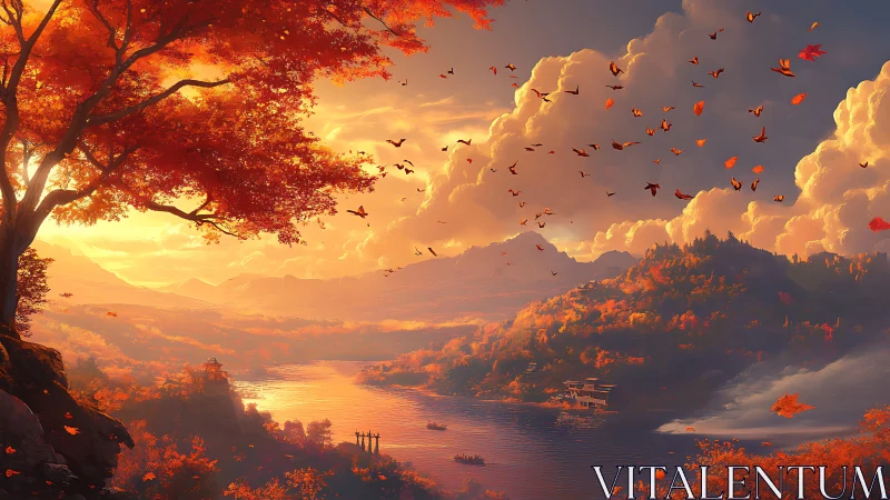 Digital autumn valley landscape shows river, hills and birds