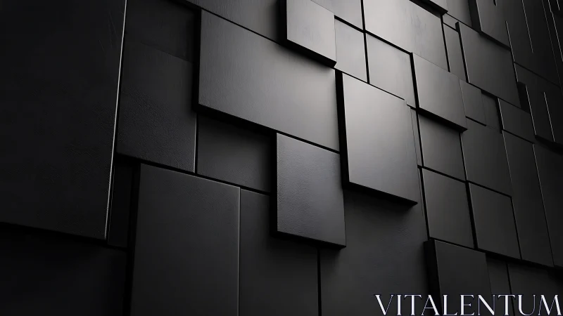 Dark geometric wall of layered black rectangular panels.