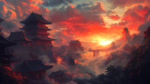 Sunset pagoda skyline in atmospheric digital landscape painting.