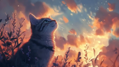 Dreamy sunset cat gazing softly toward glowing skies.