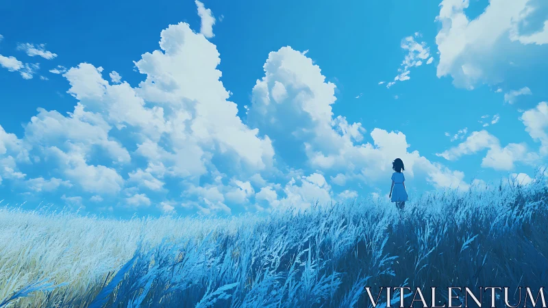 Solitary girl surveys luminous cloudscape above windblown field
